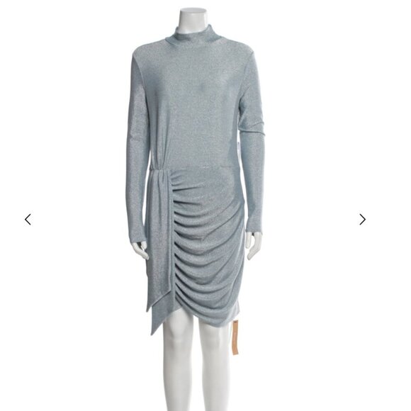 Reformation Paprika Sky Blue Metallic Ruched Mini Dress Long Sleeve Mock Neck - Picture 2 of 6